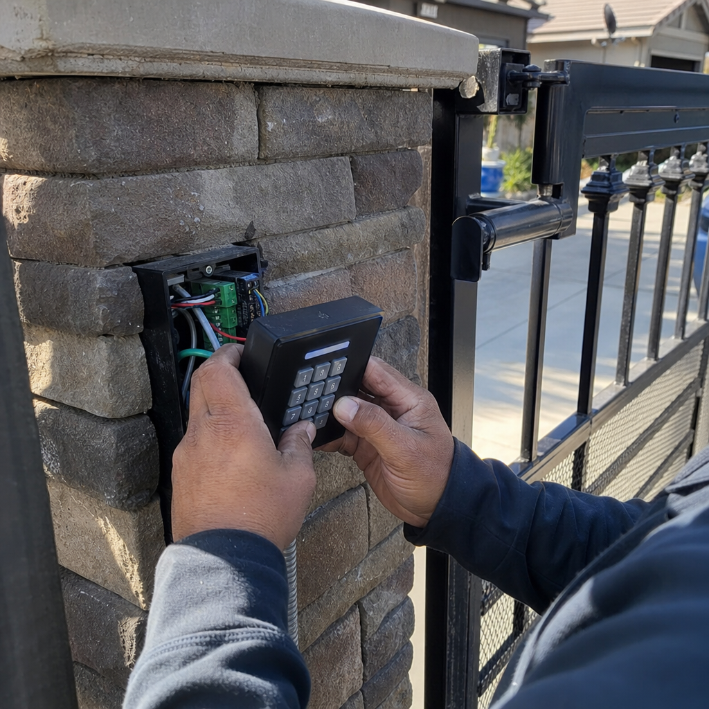 Technician installing a modern gate access control keypad system