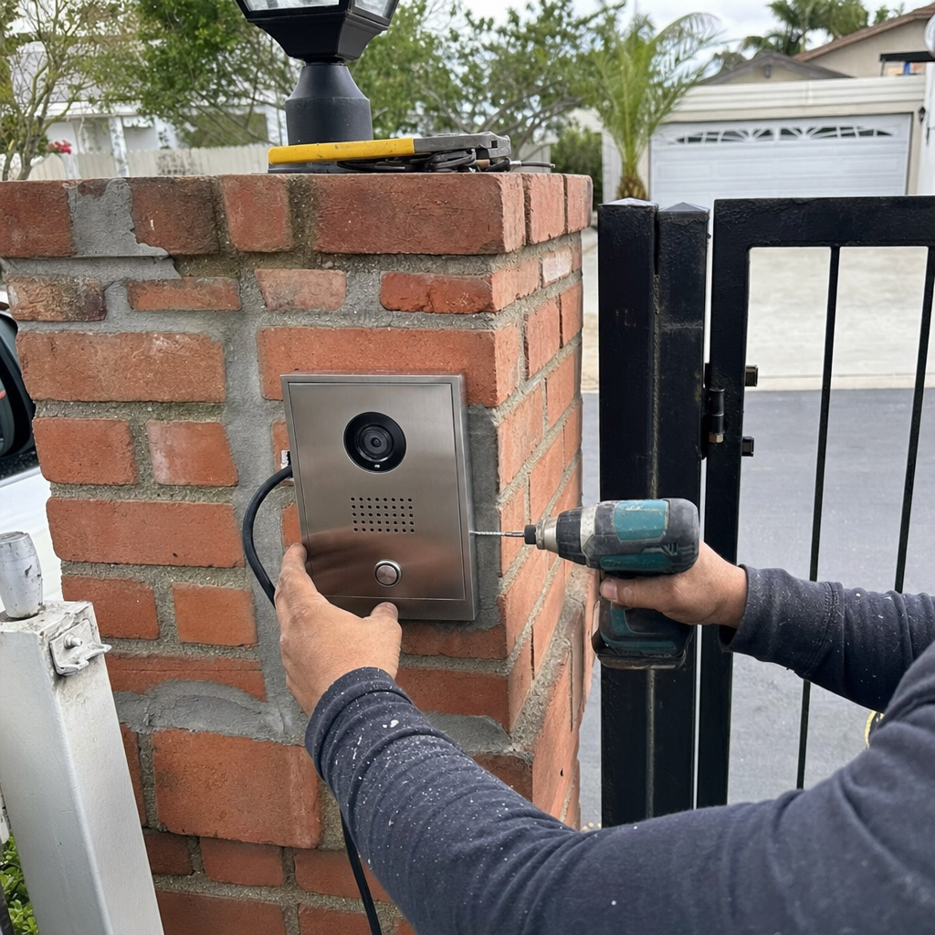 Technician installing a modern video intercom system on a brick gate pillar