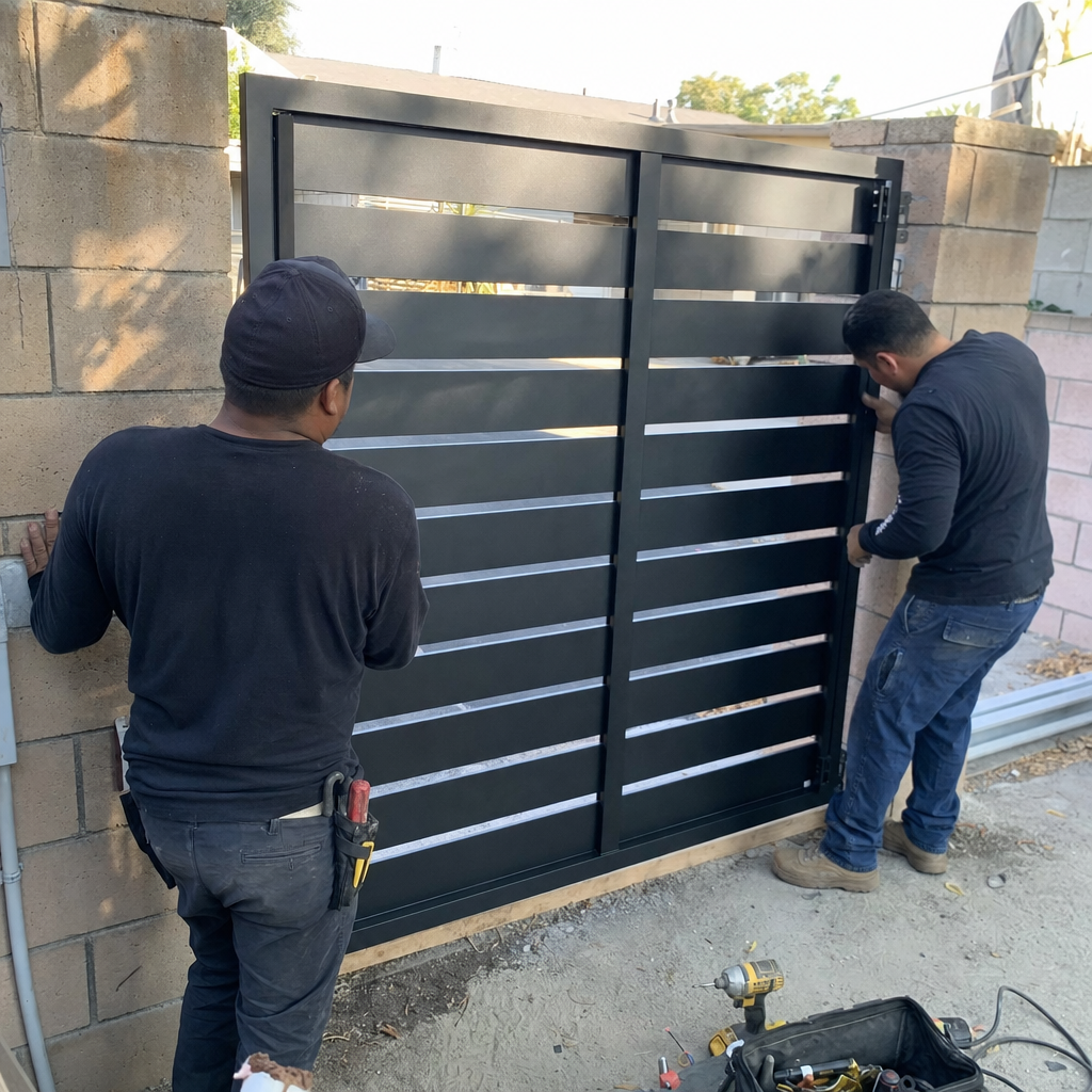 Two professionals installing a modern black metal gate