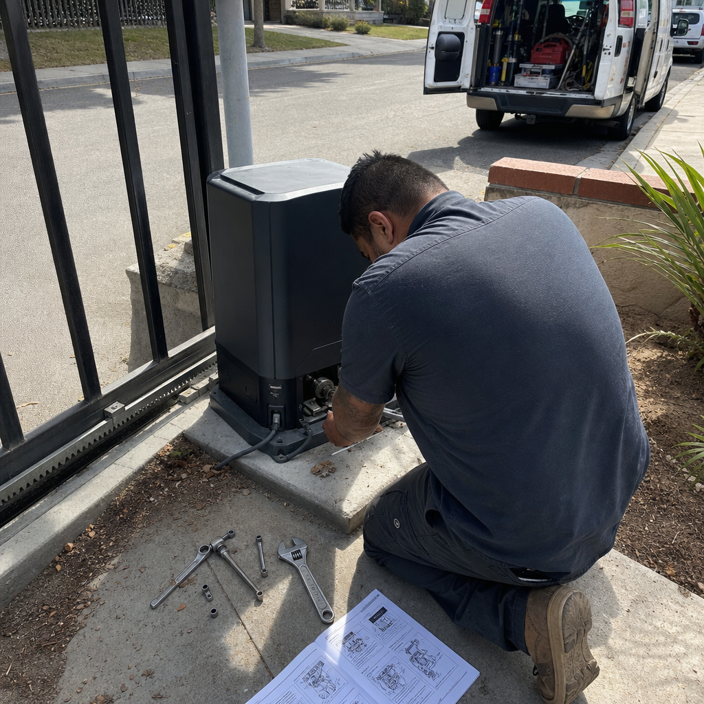 Technician performing maintenance on an automatic sliding gate motor