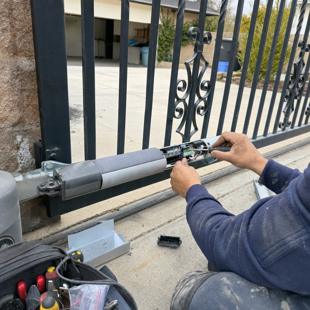 Technician performing professional gate motor and automatic opener repair