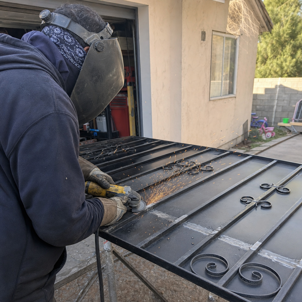 Professional welder using an angle grinder for metal gate repair