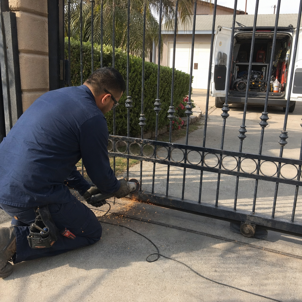 Technician using an angle grinder to perform professional metal gate repair