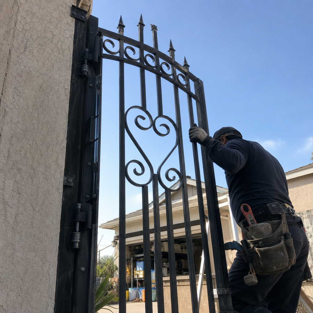 Professional gate installer working on a decorative black iron entry gate