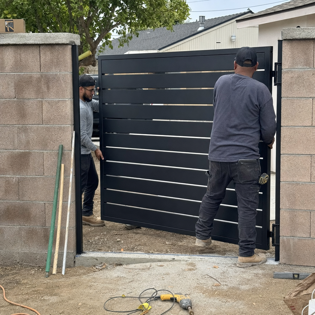 Two professional contractors installing a modern horizontal black metal gate