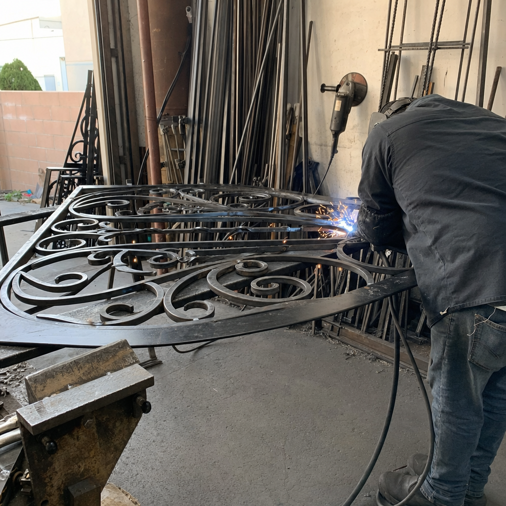 Professional welder performing custom gate repair and metal fabrication services in California, CA
