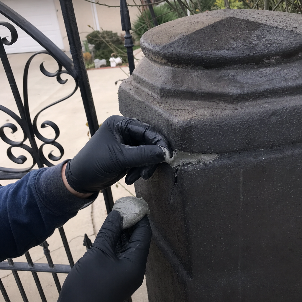 professional repairing a crack in a decorative stone gate pillar